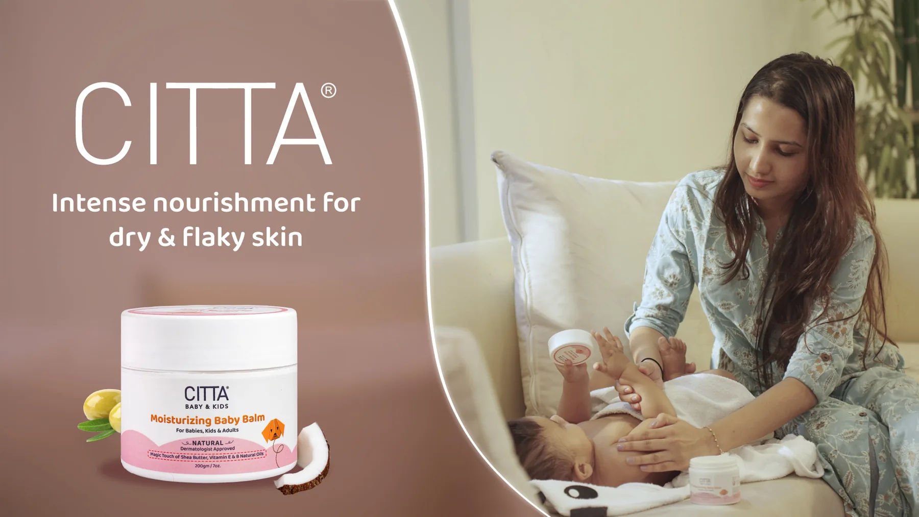 CITTA baby balm lifestyle banner showing product and caregiving moment
