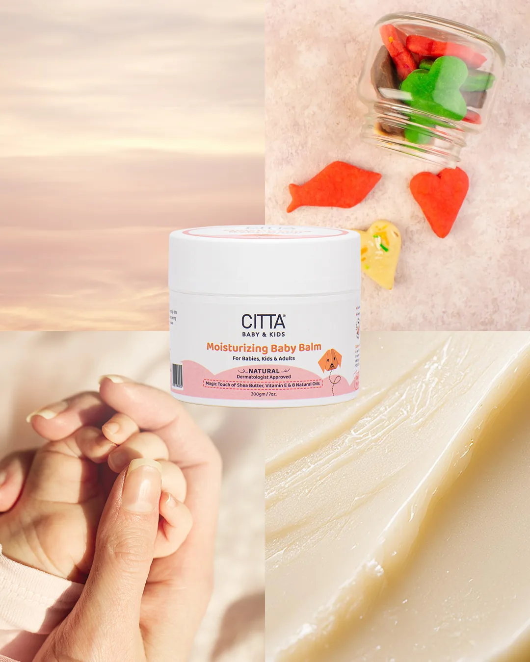CITTA baby balm product story with soft textures and ingredient cues