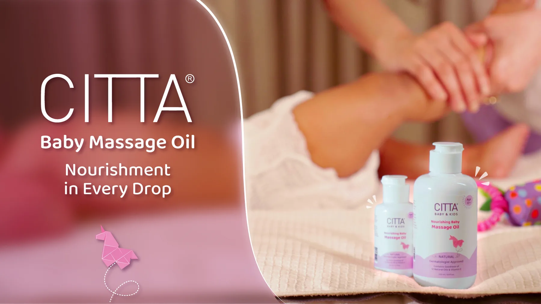 CITTA baby massage oil banner with infant care scene