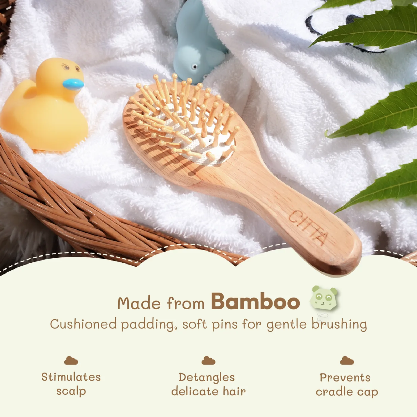 CITTA bamboo hair brush marketplace image with fabric and leaf styling