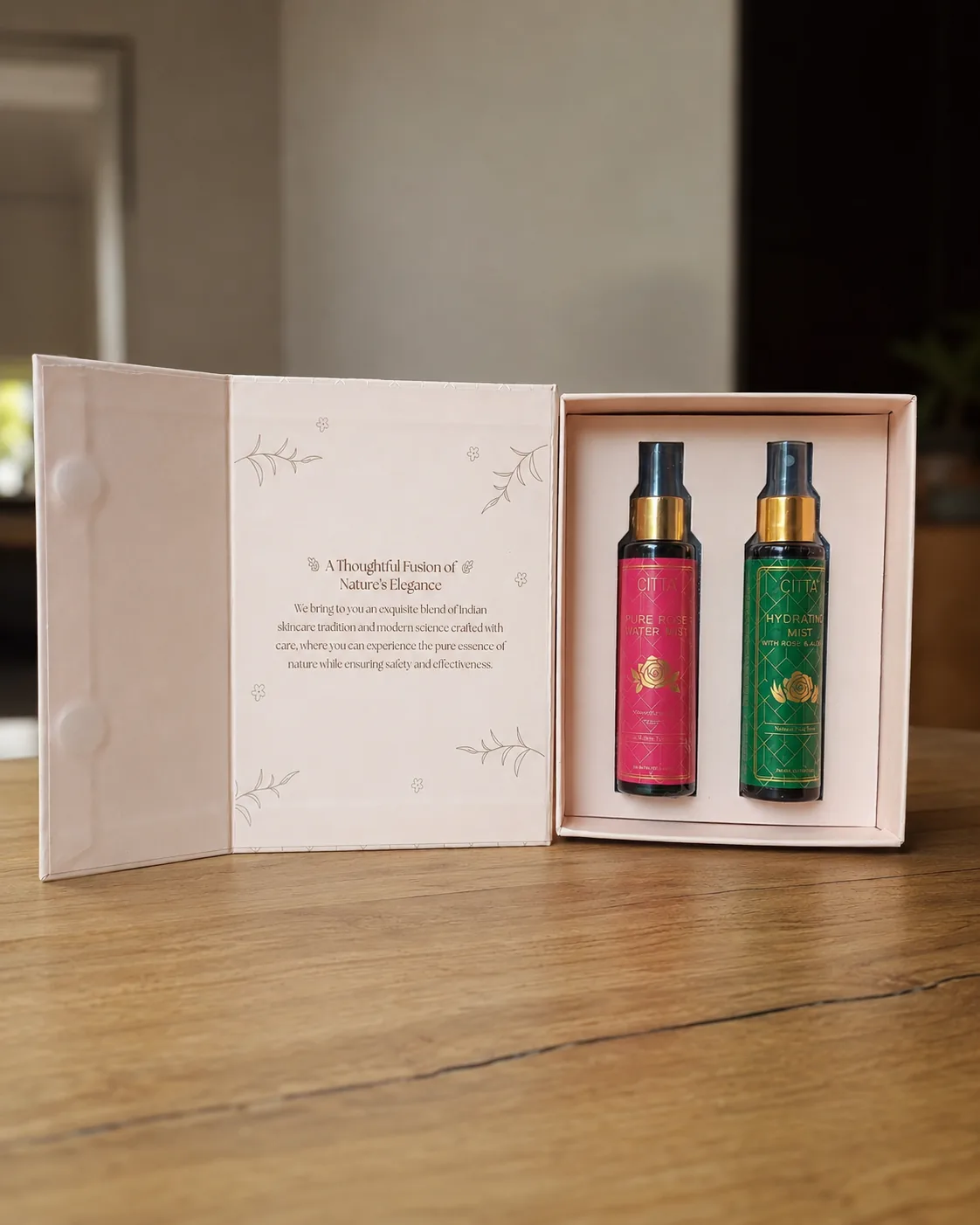 CITTA mist gift box open mockup with two bottles