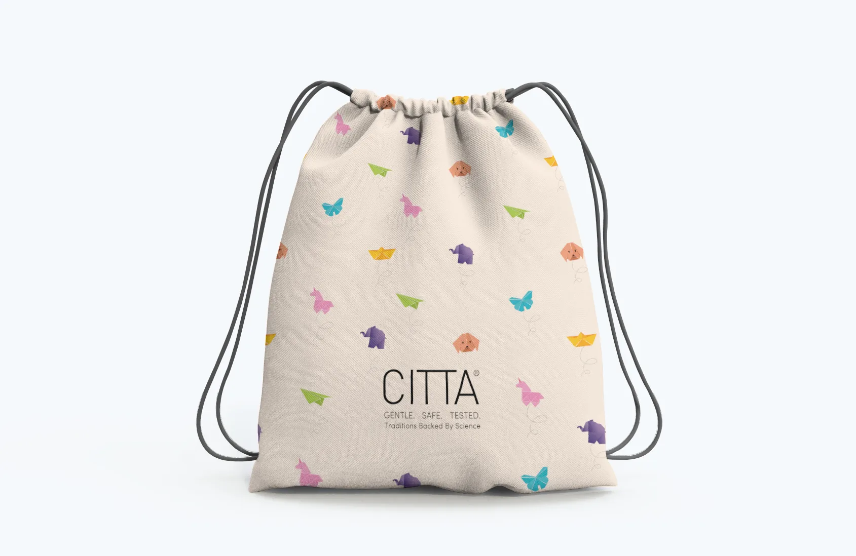 CITTA drawstring bag packaging mockup with brand pattern
