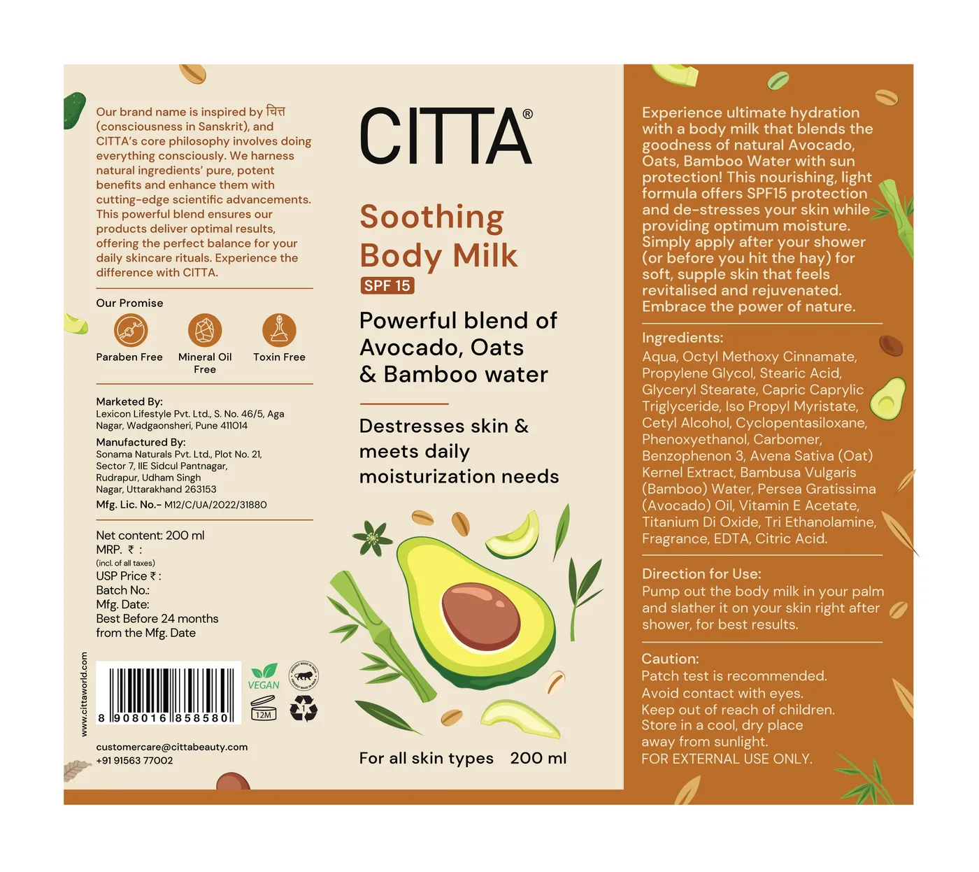 CITTA soothing body milk label artwork